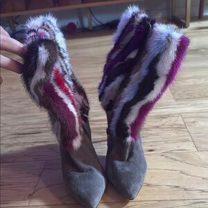 Brian Atwood Gray and Red Ankle Boots with Furry Trim